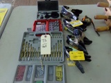 TABLE LOT INCLUDING DRILL BITS SCISSOR CLAMPS AND HOLE SAWS