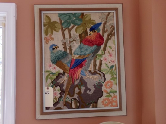 FRAMED NEEDLE POINT APPROX 28 X 32 TROPICAL BIRDS
