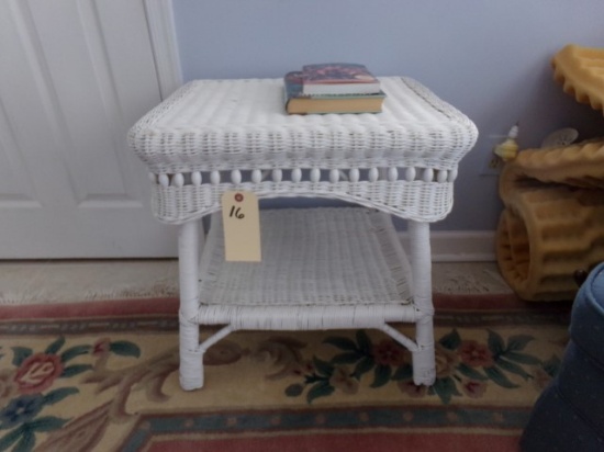 WICKER END TABLE WITH TWO TIERS APPROX 22 INCH HIGH X 22 INCH WIDE WITH MIR