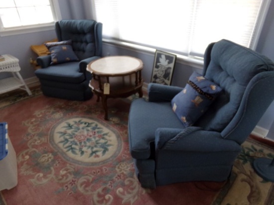 TWO ROLLED ARM RECLINERS BLUE WITH MARBLE TOP TABLE