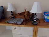 TABLE LOT TO INCLUDE LIGHTHOUSE LAMPS AIRPLANE PLANTER AND MORE