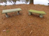 PAIR CEMENT GARDEN BENCHES AND FIRE PIT