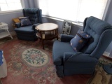 TWO ROLLED ARM RECLINERS BLUE WITH MARBLE TOP TABLE