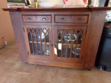ANTIQUE OAK SIDEBOARD WITH BEADED EDGE DRAWERS BRASS PULLS GLASS DOORS APPR