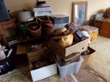 LARGE LOT TO INCLUDE BASKETS HATS POTS FILE CABINET AND SILVER PLATE