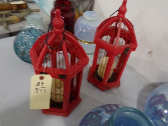 PAIR RED BIRD CASE STYLE CANDLE HOLDER WITH BATTERY OPERATED CANDLES