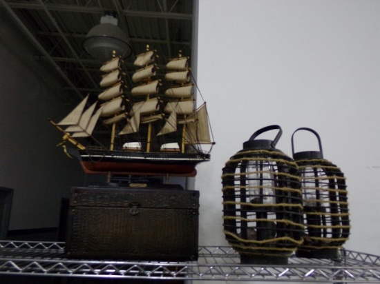NAUTICAL DECORATIVES TO INCLUDE MODELS BASKET TYPE CANDLE HOLDERS AND MORE