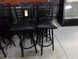 4 LADDER BACK SWIVEL BAR STOOLS PAINTED BLACK METAL WITH UPHOLSTERED SEAT