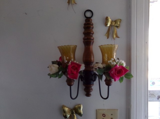 DECORATIVES HANGING ON WALL TO INCLUDE CANDLE HOLDERS PLANTS AND CHINA