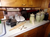 CONTENTS OF KITCHEN COUNTERS TO INCLUDE MICROWAVE CANISTERS KNIFE BLOCK GEO