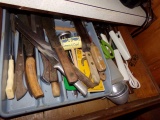 CONTENTS OF DRAWERS AND CABINETS IN KITCHEN TO INCLUDE LARGE LOT OF KNIVES