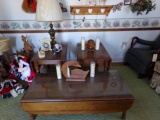 THREE PIECE LIVING ROOM SET WITH COFFEE TABLE AND TWO END TABLES AND DECORA