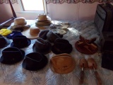 CONTENTS ON BED INCLUDING LUGGAGE DRESSER SET SHOE SHINE AND HATS