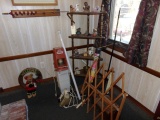 CORNER LOT INCLUDING CURIO SHELF ANTIQUE RADIO FIGURINES AND BABY GATE