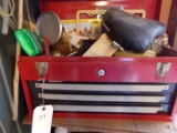 SMALL RED TOOL BOX WITH THREE DRAWERS INCLUDING CONTENTS OF SOCKETS DRILL B