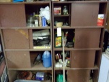 TWO WOODEN CABINETS INCLUDING CONTENTS OF WORK LIGHTS HOSES FIGURINES AND M