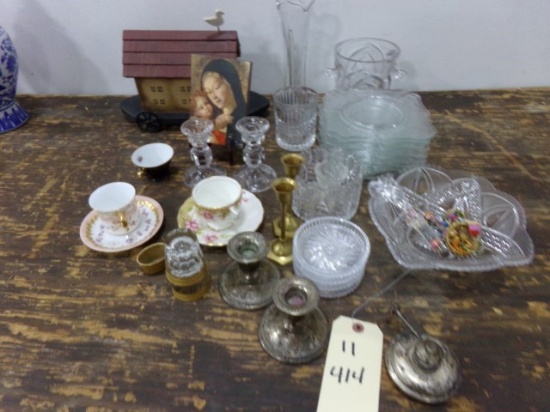 COLLECTION OF PRESSED GLASS CRYSTAL STERLING CANDLE HOLDERS AND NOAH ARK TO