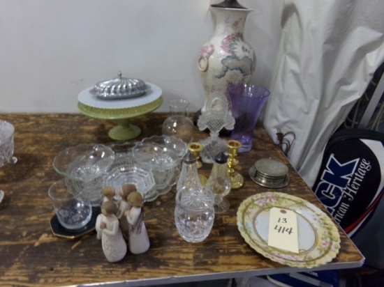 COLLECTION OF CAKE DISHES CANDLE HOLDERS PERFUME BOTTLES LAMP SALT AND PEPP