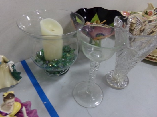 2 CRYSTAL VASES AND HAND PAINTED PEDESTAL BOWL AND LARGE GLASS HOLDER