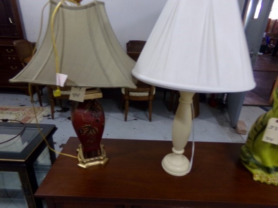 TWO TABLE LAMPS ONE HAND PAINTED