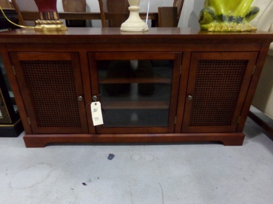 ENTERTAINMENT STAND WITH BASKET WEAVE DOORS CHERRY WOOD APPROXIMATELY 52 IN