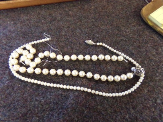 2 PEARL NECKLACES 14" AND 15": IS BROKEN
