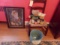 LADDERBACK RUSH BOTTOM CHAIR AND CONTENTS AND FRAMED UNDER GLASS GIRL WITH