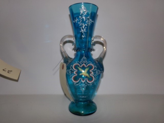 19TH CENTURY GLASS VASE MOSER STYLE WITH BIRD 12" TALL