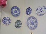 7 BLUE WHITE PLATES ON WALL SOME STAFFORDSHIRE