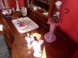 ITEMS ON TOP AND AROUND DRESSING TABLE CRANBERRY OPALESCENT VASE LIMOGE TRA