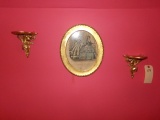 CARVED WALL SHELVES AND GOLD FRAMED PRINT