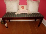 SMALL WALNUT BENCH UPHOLSTERED SEAT AND THROW PILLOWS