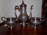 STERLING SILVER HIGHLY DECORATED REPOUSSE 3 PC TEA SERVICE COFFEE POT 14.15 T OZ CREAM PITC