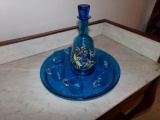 19TH CENTURY ENAMELED GLASS BOTTLE WITH HAND BLOWN TRAY AND CUPS