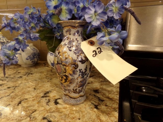 SMALL BLUE WHITE AND GOLD VASE AND BOWL WITH ARTIFICIAL FLOWERS