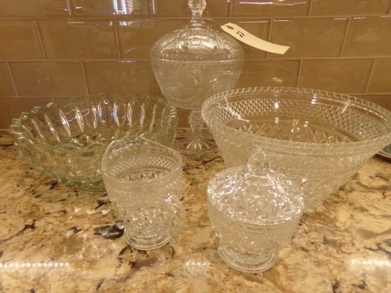 COLLECTION OF PRESSED GLASS COVERED CANDY SERVING BOWLS AND CREAM AND SUGAR