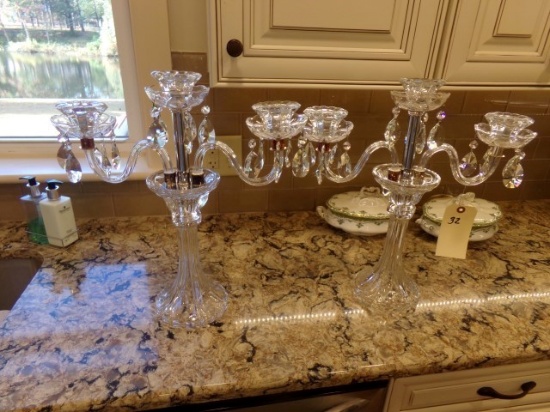 PAIR OF TRIPLE CANDELABRAS WITH CRYSTAL PRISMS 18 INCH TALL X 18 INCH WIDE