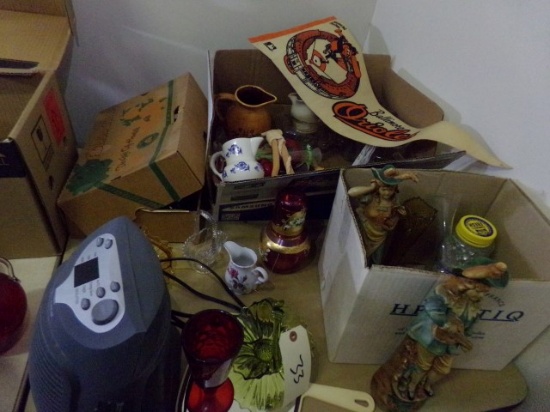 TABLE LOT BRASS CHINA GLASS ETC