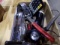 BOX LOT INCLUDING OIL FILTER WRENCHES FLASH LIGHT AND MORE