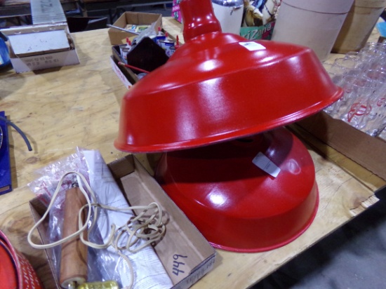 PAIR OF METAL LIGHT SHADES PAINTED RED APPROX 18 INCH ACROSS AND 16 INCH AC