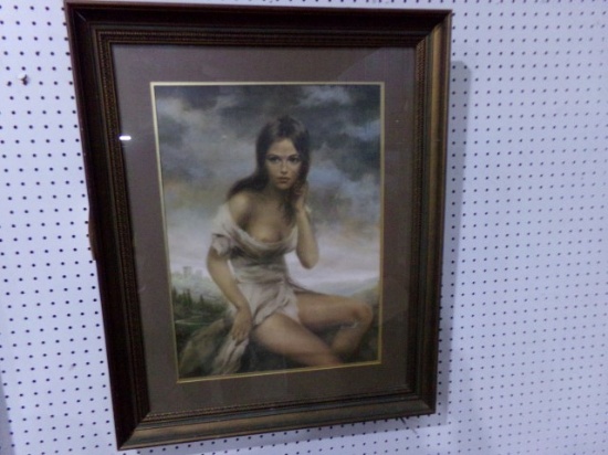 FRAMED PRINT UNDER GLASS OF YOUNG WOMAN APPROX 32" X 26"