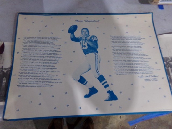 BALTIMORE COLTS MEMORABILIA 2 JOHNNY UNITAS PAPER MATS AND 2 OPENING DAY PA