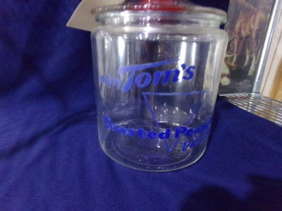 ENJOY TOMS ROASTED PEANUTS COUNTER TOP GLASS JAR APPROX 9 INCH TALL