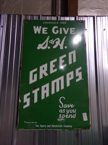 VINTAGE PORCELAIN 2 SIDED GREEN STAMPS SIGN WITH SOME CHIPS 33" X 20"