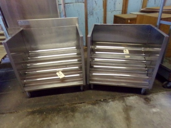 2 ADVANCE TABCO STAINLESS STEEL 5 TIER LIQUORE RACKS 1 MISSING BACK SPLASH