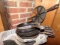 LARGE LOT OF CAST IRON FRYING PANS INCLUDING CORN BREAD AND FLAT SKILLET AN