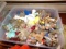 ANTIQUE PIGEON HOLE BOX WITH CANDLE HOLDERS VASES AND PLASTIC TOTE FULL OF