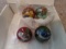 COLLECTION OF FOUR HAND PAINTED MARBLES WITH BIRDS AND STERLING SILVER EAGL