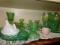 CONTENTS OF TOP OF HUTCH LARGE LOT GREEN GLASS INCLUDING COVERED BOWLS SUGA