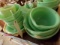 BOX LOT GREEN JADEITE BOWLS INCLUDING MIXING BOWLS MEASURING CUPS AND REFRI